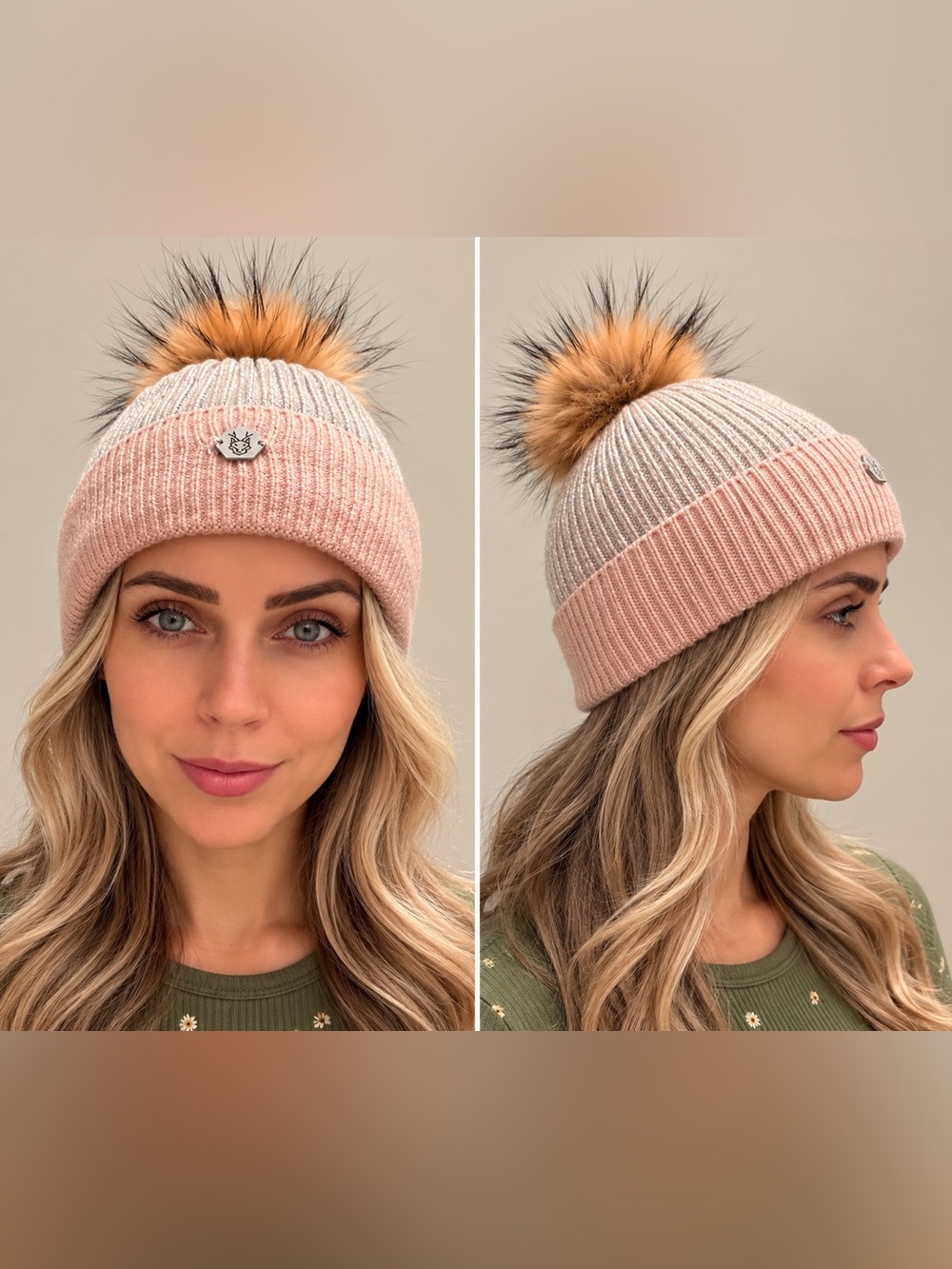 LÄSKA Two-Tone Knit Beanie with Real Fur Pom — Soft Fleece Lined